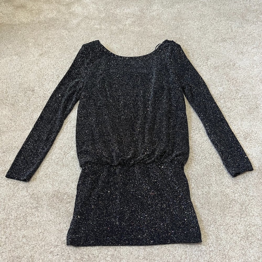 Astr Backstage Mini Dress Size Small Black Rainbow Metallic Cowl Low Cut Back